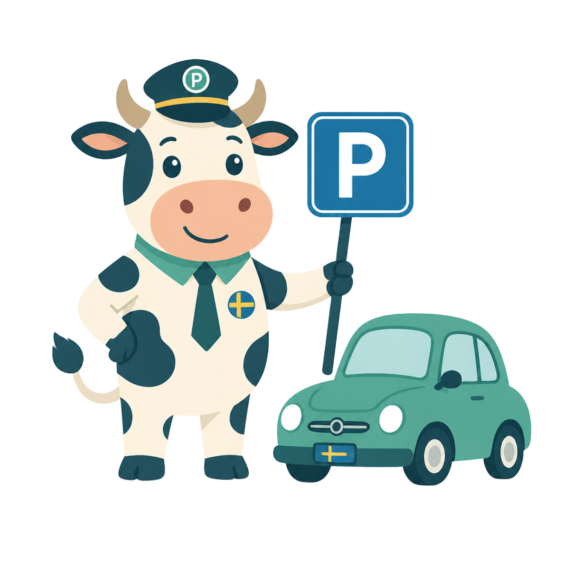 Kalle Ko, appens maskot, håller upp en parkeringsskylt bredvid en liten bil